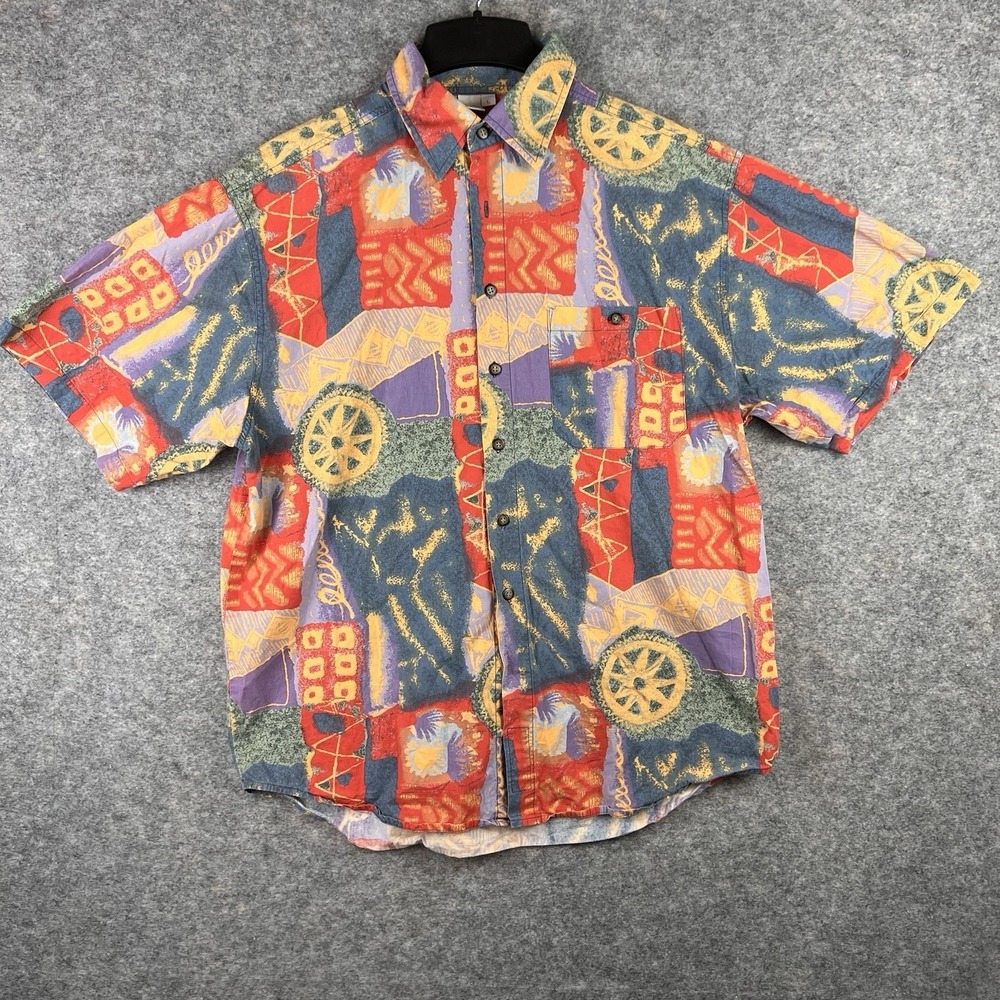 Vintage Territory Ahead Men's L Shirt Sleeve Button Up Multi color Abstract